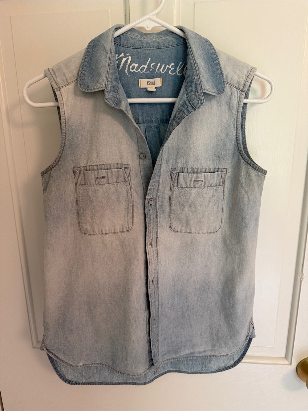 Madewell Faded Light Blue Denim Sleeveless Button-Down